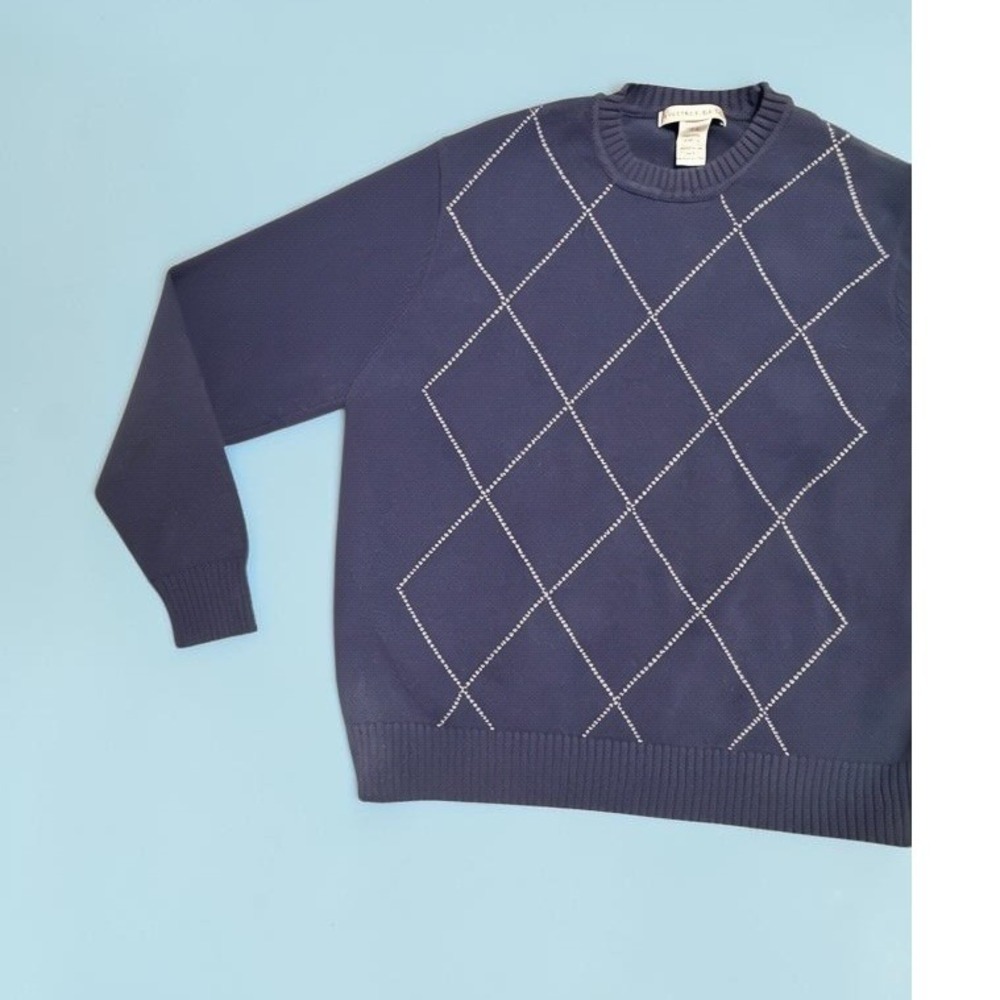 Geoffrey Beene Mens Navy Blue Argyle Cotton Crewneck Sweater Large Long Sleeve - Picture 2 of 10